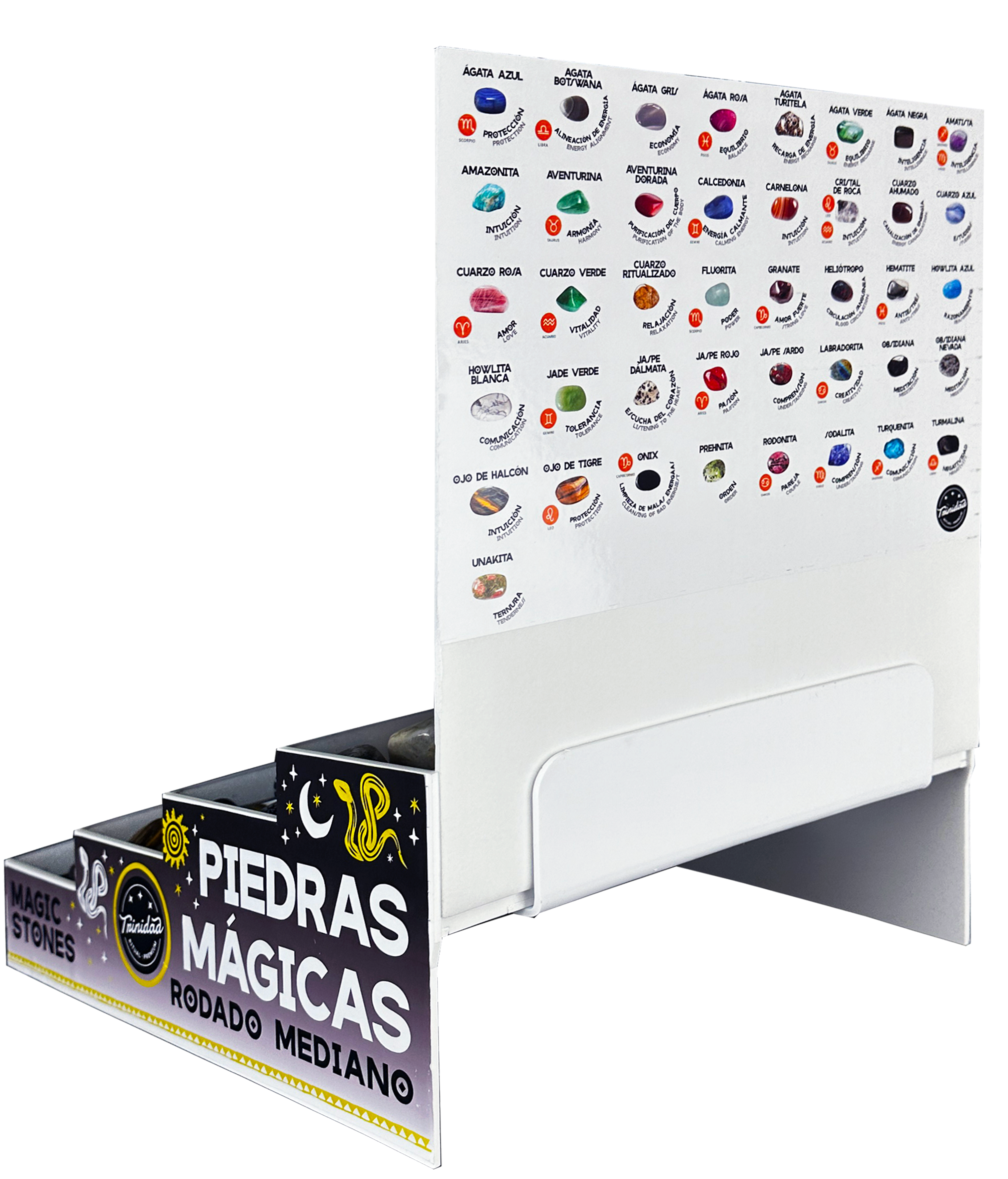 trinidad - Vendita all'ingrosso Pietra/cristallo spirituale - Espositore mobile grande con 12 scomparti per minerali2