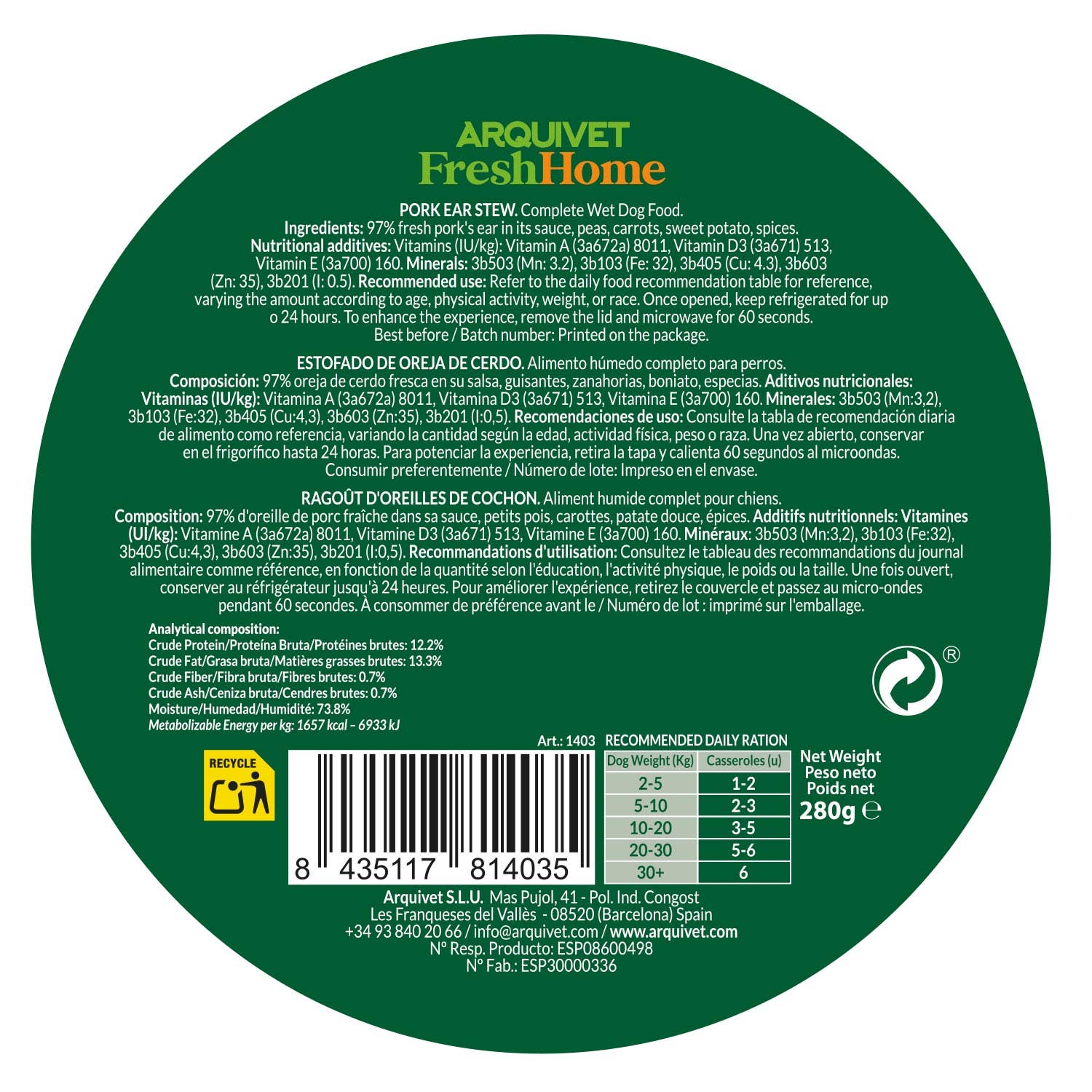 ARQUIVET, S.L.U. - Wholesale Pet Food - Dog - Arquivet Fresh Home Pig Ear Stew 280g3