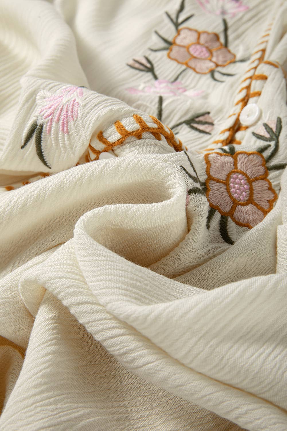 Beige Floral Embroidered Textured Spring Puff Sleeve Loose Shirt for wholesale on Faire11