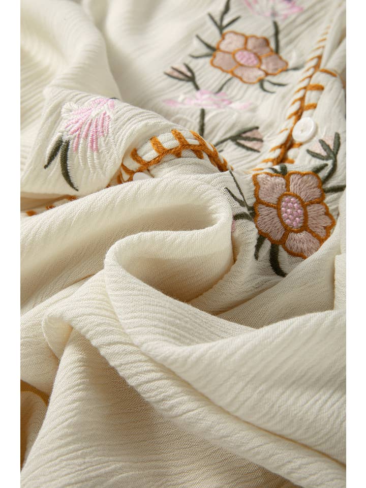 Beige Floral Embroidered Textured Spring Puff Sleeve Loose Shirt for wholesale on Faire11