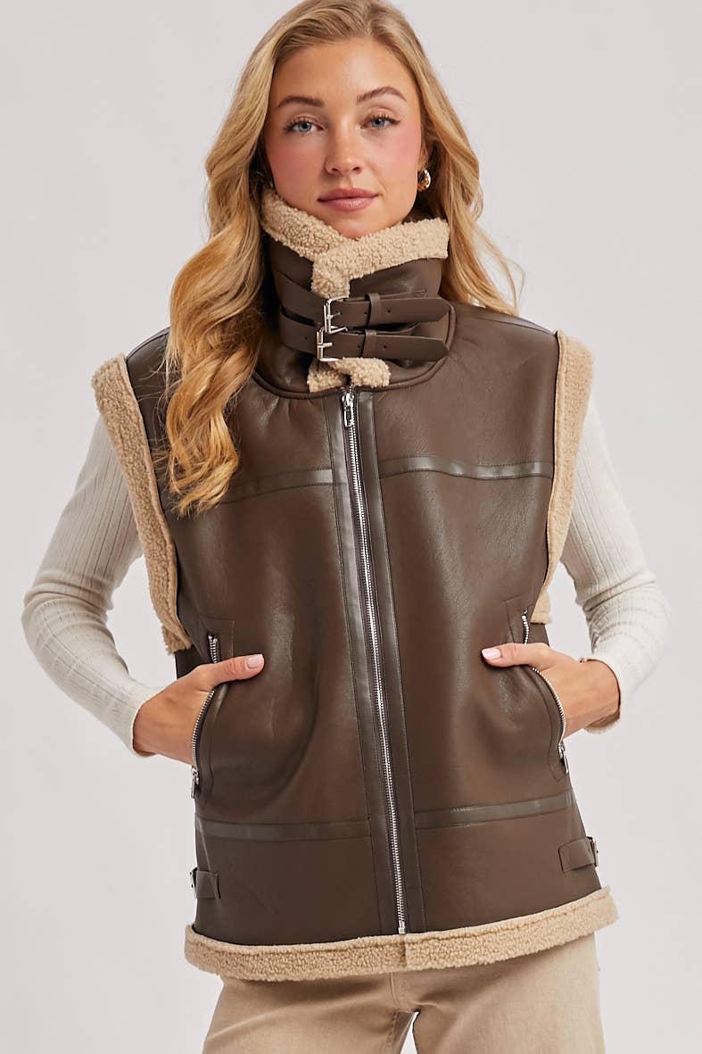 Bluivy – wholesale Outerwear Vest - Women’s – FAUX LEATHER WITH INNER FAUX SHEARLING AVIATOR VEST18