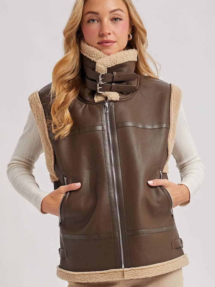 Bluivy - Wholesale Outerwear Vest - Women's - FAUX LEATHER WITH INNER FAUX SHEARLING AVIATOR VEST10