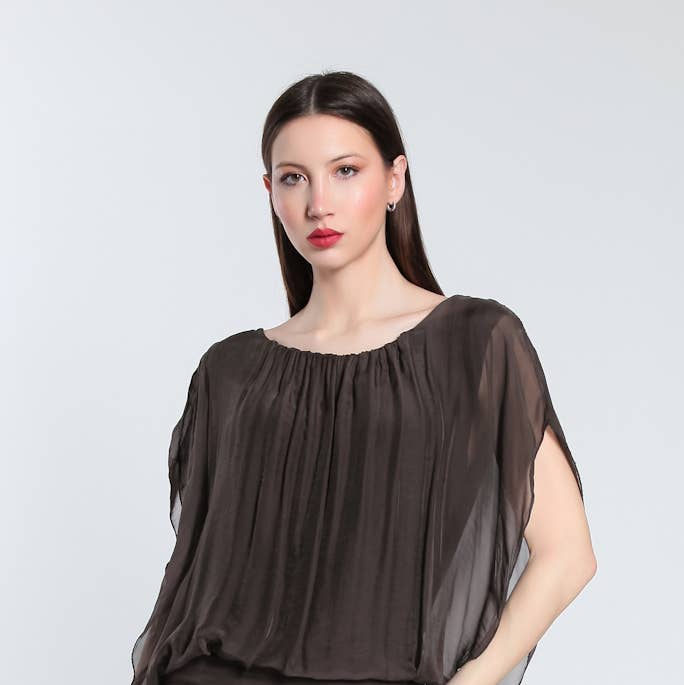 Aurora Flutter Fly Sleeve Silk Top w/ Band Bottom (BSS202) for wholesale by TINA Stephens Italy/Tees By Tina