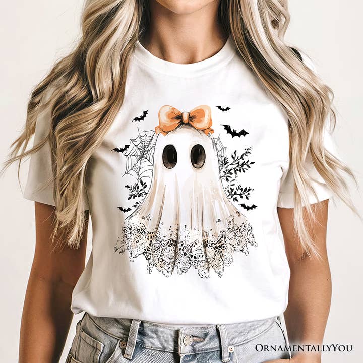 OrnamentallyYou - Wholesale Screen Printed T-Shirt - Women's - Coquette Ghost T-Shirt, Cute Halloween Tee for Girly Ghouls2
