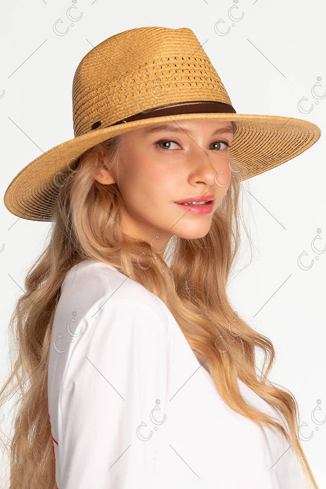 Hana - Wholesale Straw Hat - Women's - C.C Faux Leather String Straw Panama Hat5
