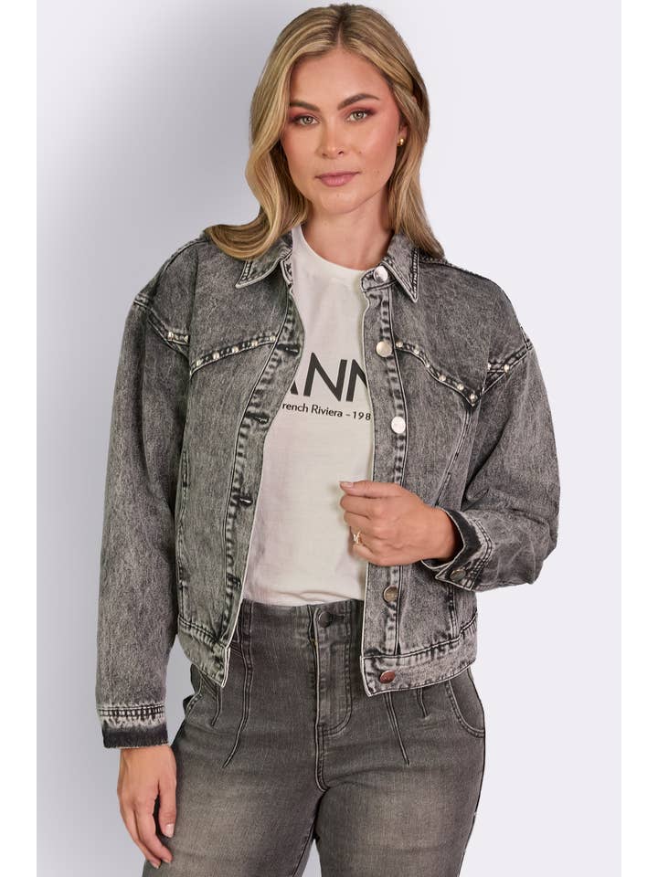 Acid Wash Faded Black Western Stud Denim Jacket for wholesale on Faire