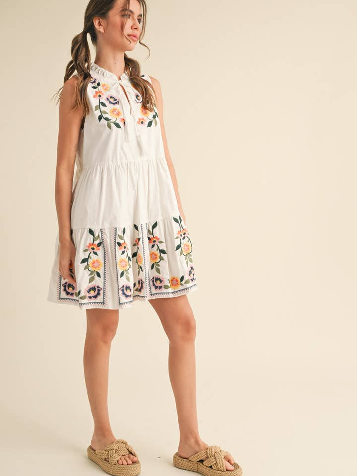 &MERCI - Wholesale Dress - Women's - FLORAL EMBROIDERY TIERED MINI DRESS MDR384119