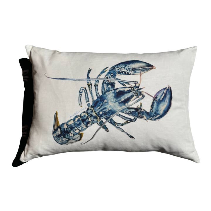 Goose and Willow - Wholesale Lumbar Pillow - Throw Pillow - Blue Lobster Facing Right on White Linen Cotton Lumbar2