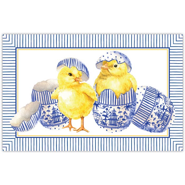 Set de table en forme d'œufs de chinoiserie avec poussins et bordure rayée pour la vente par RosanneBeck Collections