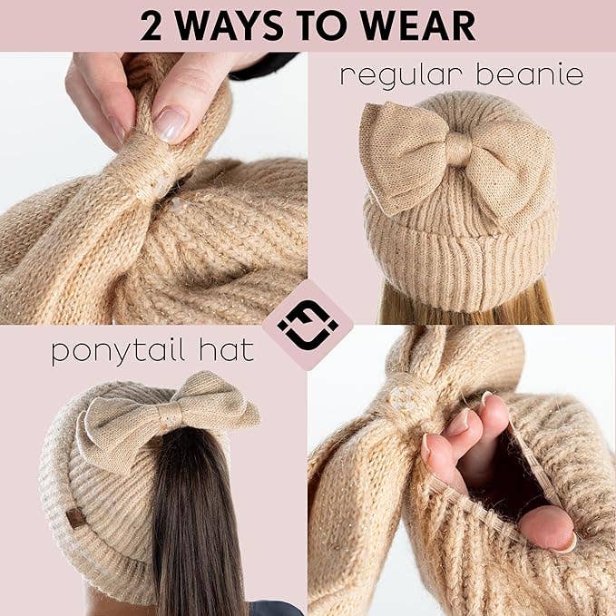 Funky Junque - Wholesale Beanie - Women's - Sequin Ponytail Beanie with Top Bow - Camel1