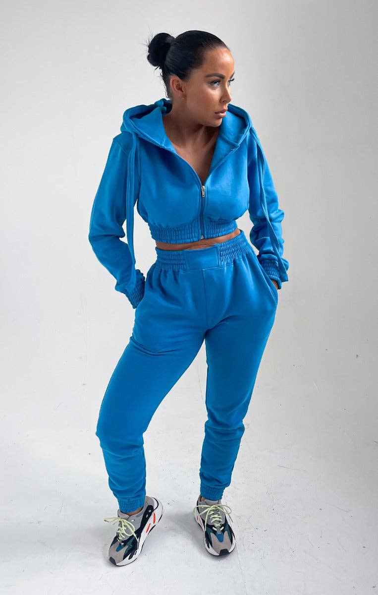Femme Luxe - Wholesale Lounge Set - Women's - Blue Cropped Zip Front Elasticated Hem Hoodie And High Waisted Jogger Loungewear Set - Addisyn2