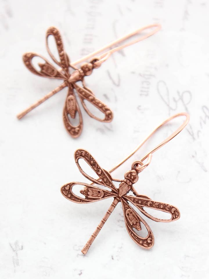 Dragonfly Earrings | Rose Copper Earrings | Nature Jewelry for wholesale by A Pocket of Posies