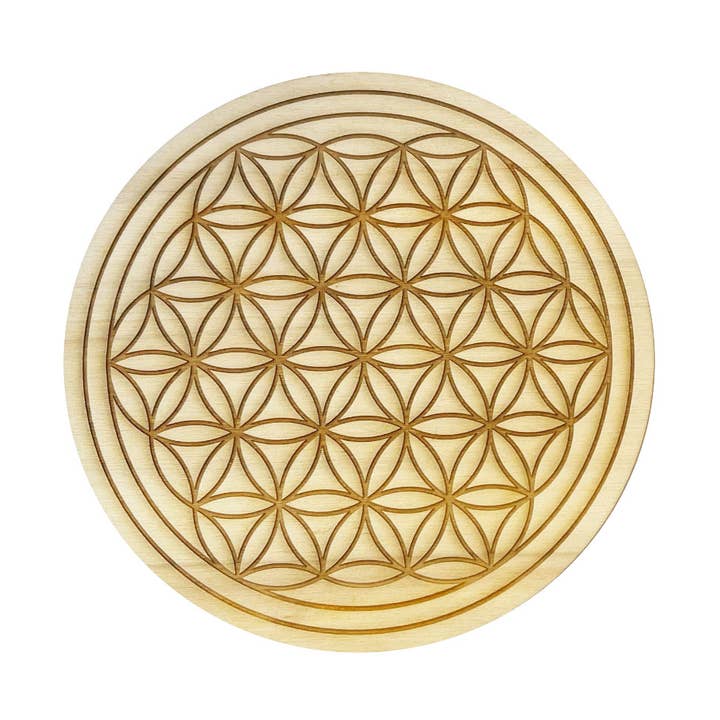 Flower of Life charging plate - Carved wood for wholesale by France Mineraux
