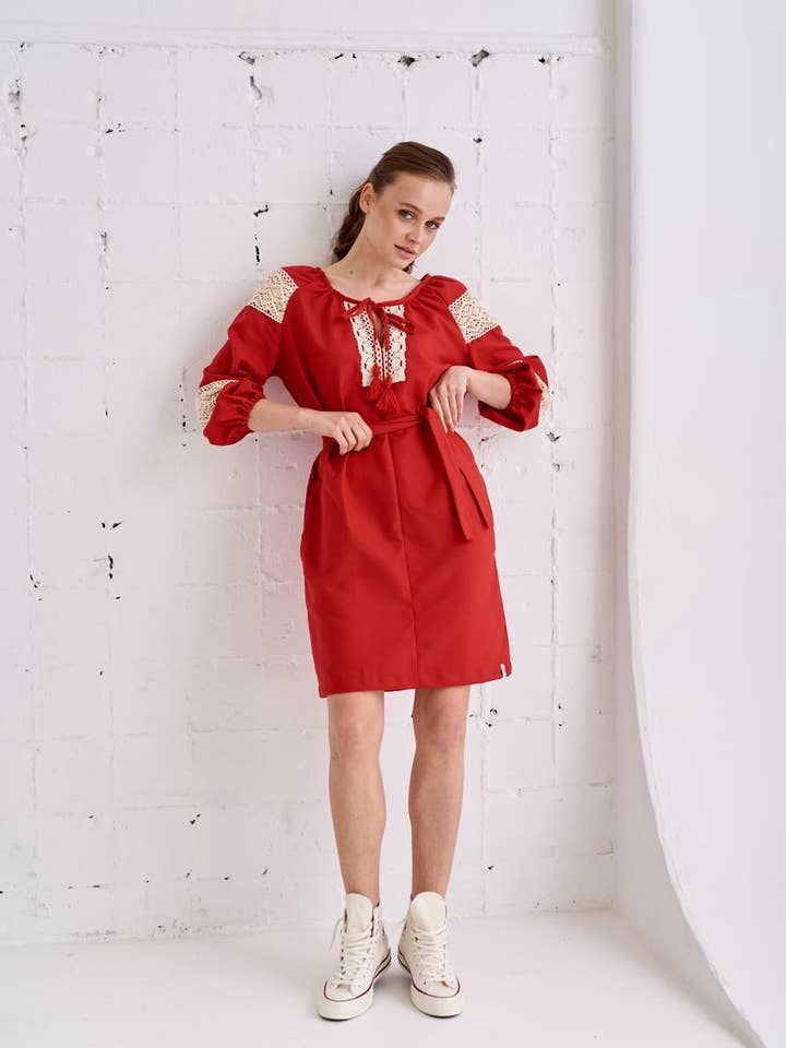 Women's Dress Merezhivo Red for wholesale by Handmade Originals Ukraine