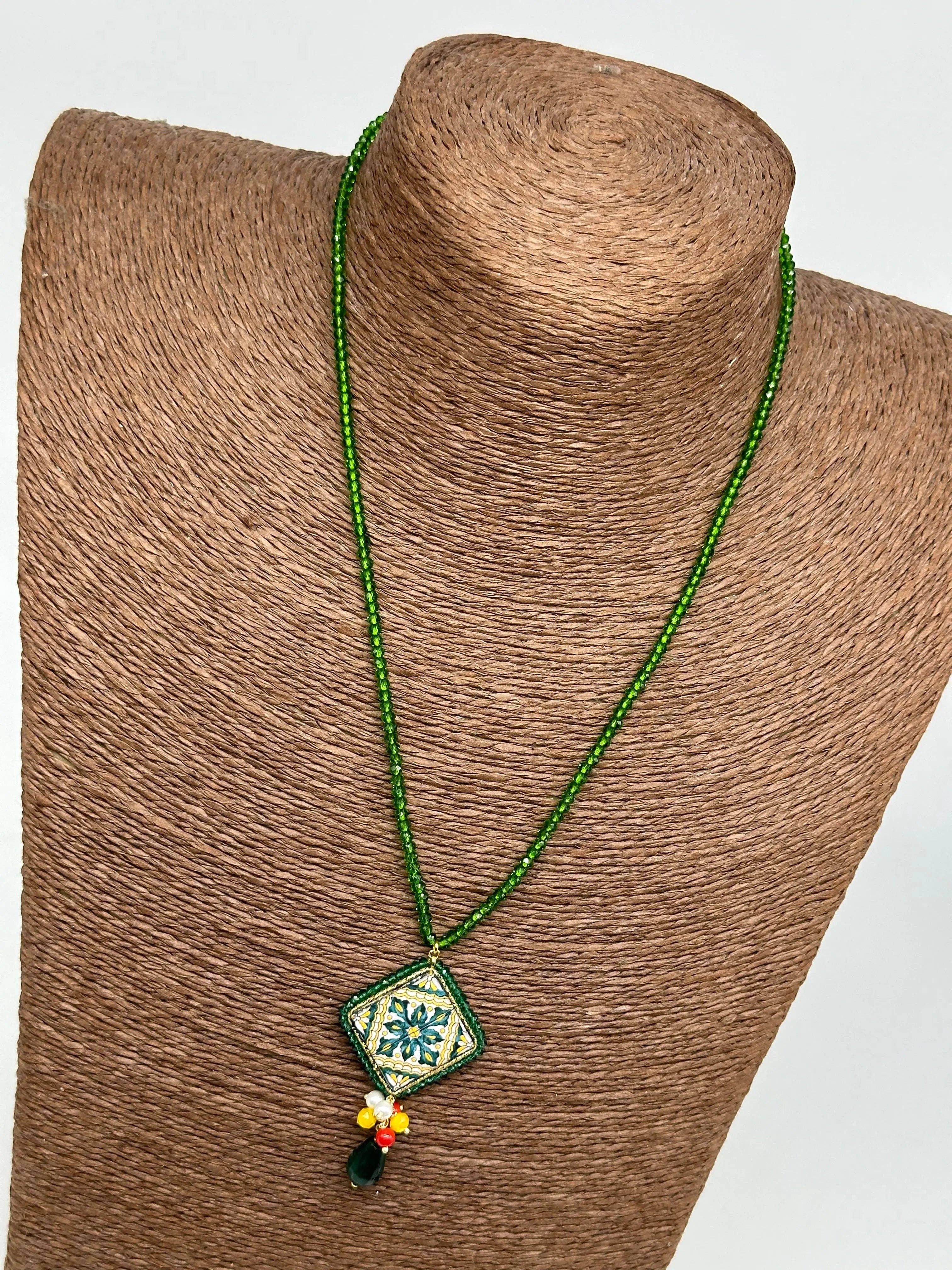 DD Ceramiche Siciliane - Wholesale Pendant/Charm Necklace - Caltagirone Ceramic Tile Necklace Baroque Decor, green beaded chain1