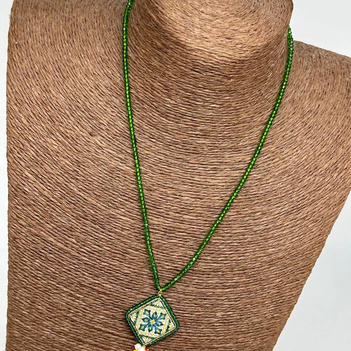 DD Ceramiche Siciliane - Wholesale Pendant/Charm Necklace - Caltagirone Ceramic Tile Necklace Baroque Decor, green beaded chain1