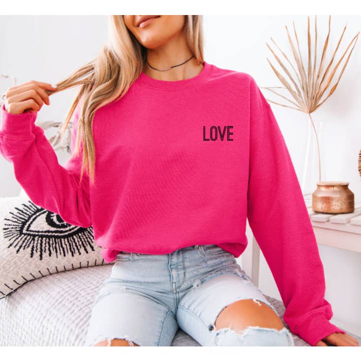 Felpa Girocollo Love Pink, Maglione di San Valentino con Stampa Nera per la vendita all'ingrosso da parte di Hunter Kouture