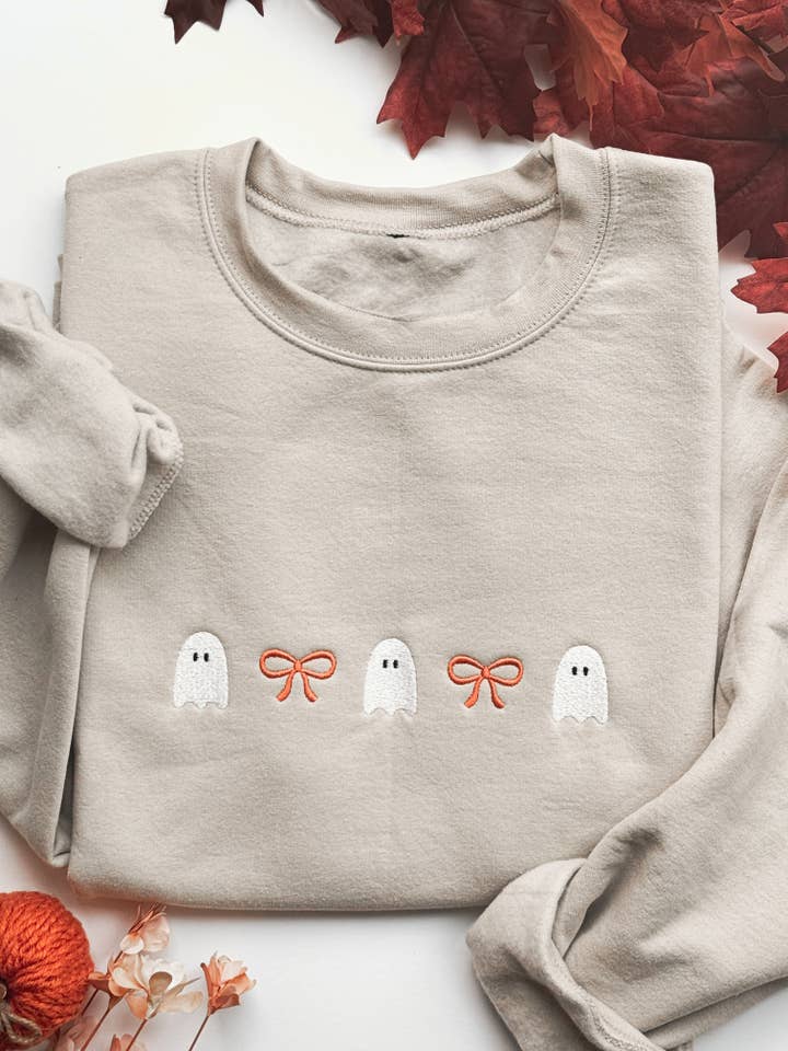 Thread Seven - Wholesale Sweatshirt - Unisex - Embroidered Ghost Halloween Sweatshirt | Uni-Sex Clothing0