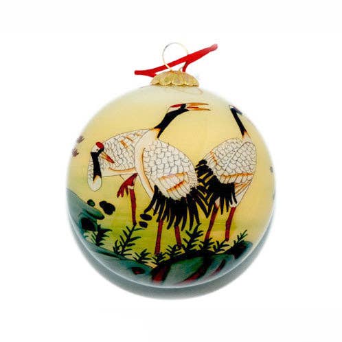 World Treasure Trading - Wholesale Ornament - Hand Painted Glass Ball, Pale Yellow W/ Cranes. #CO1880
