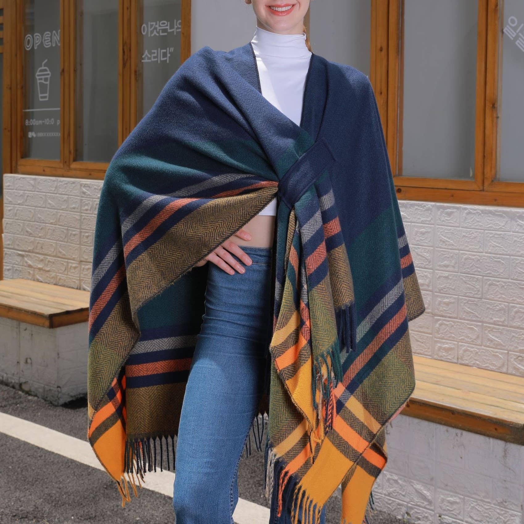 Rosa Clothing - Wholesale Wrap - Women's - Asymmetric Plaid Tassel Thermal Shawl Ruana5