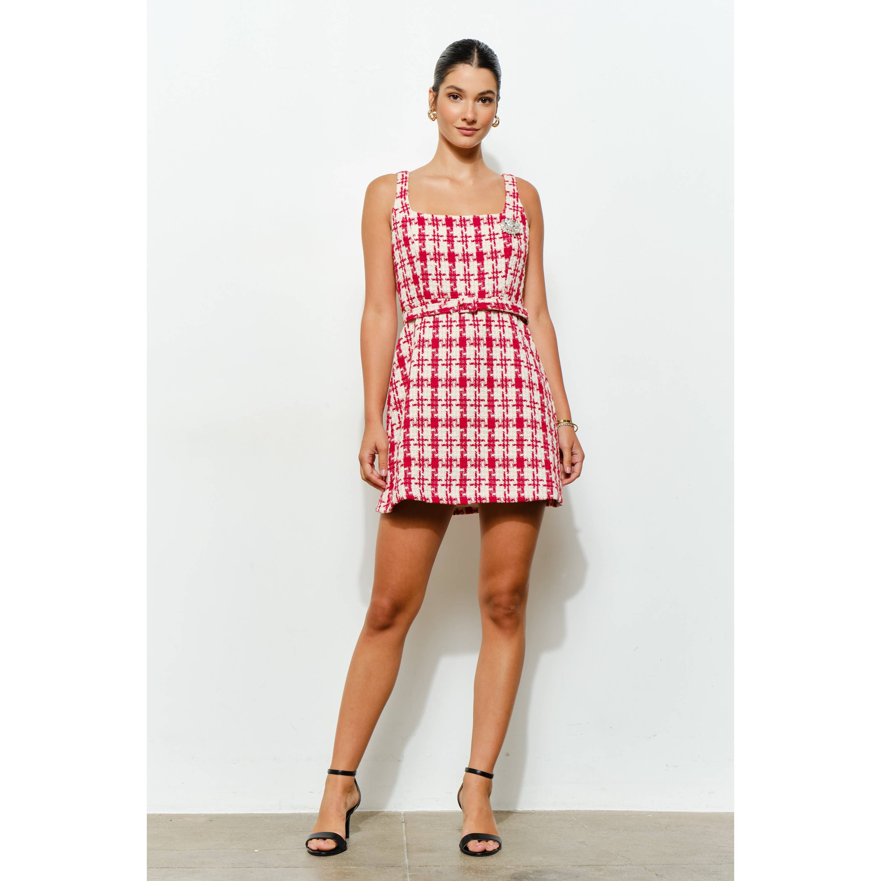 INA - Wholesale Dress - Women's - Check Tweed Brooch Detail Belted Mini Dress0