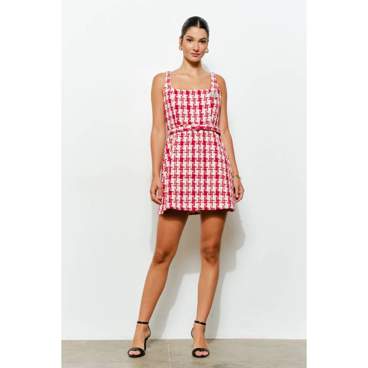 INA - Wholesale Dress - Women's - Check Tweed Brooch Detail Belted Mini Dress