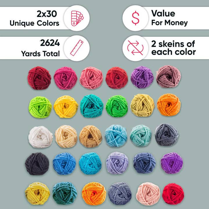 CRAFTISS LLC - Wholesale Yarn - 60x20g Acrylic Yarn Skeins - 2600 Yards Soft Crochet Yarn 4