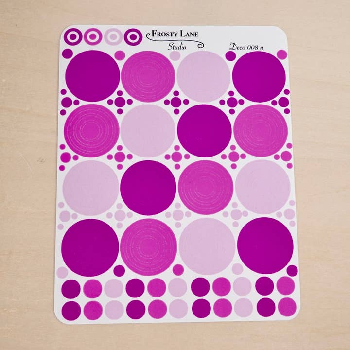 Deco008.n. Foglio di Adesivi con Contorno di Cerchi Fucsia per la vendita all'ingrosso da parte di Frosty Lane Studio LLC