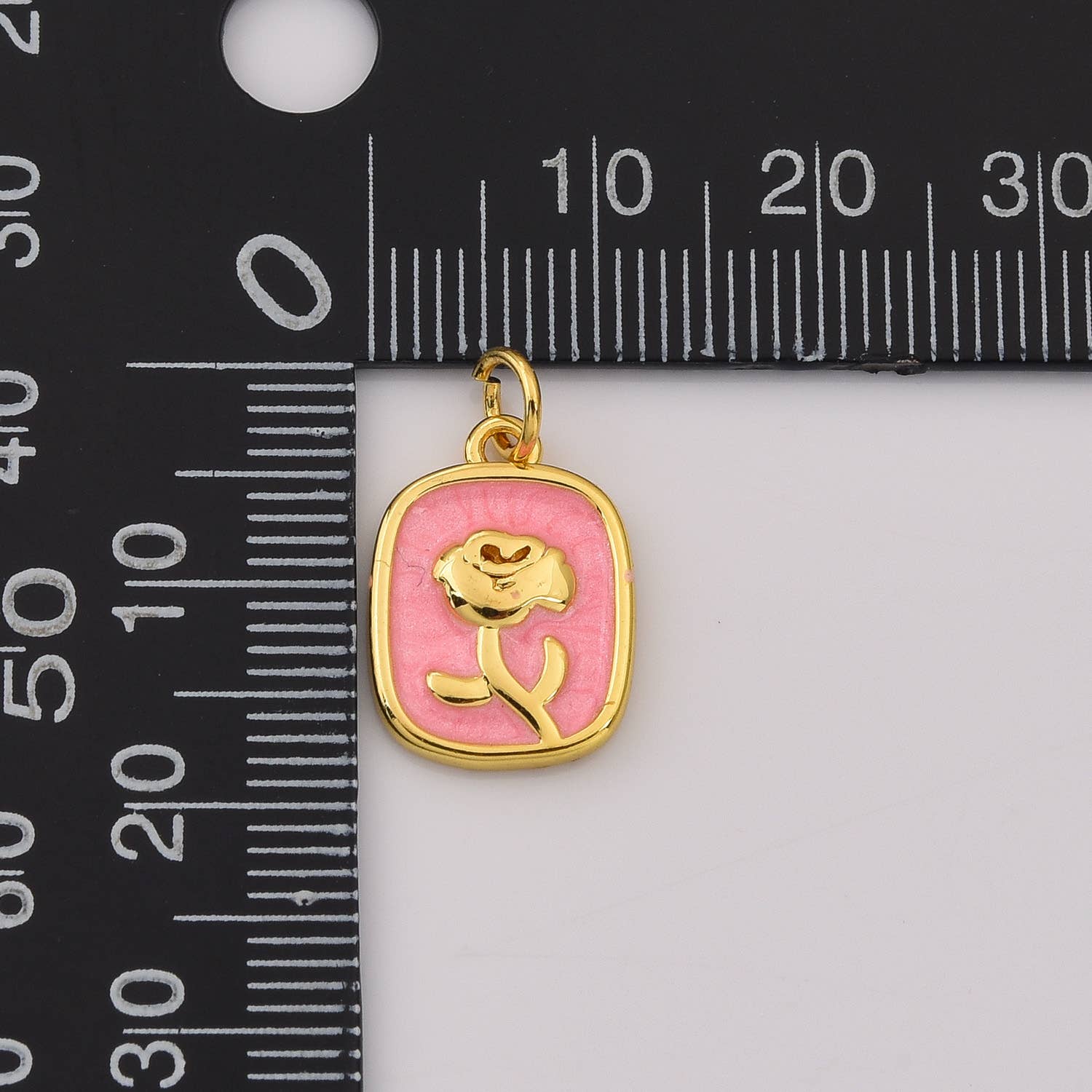Beads Creation - Wholesale Individual Charm/Pendant - Pink Enamel Rose Floral Tag Charm in Gold Filled, CP22442
