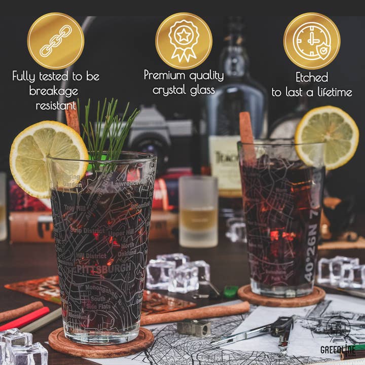 Greenline Goods - Wholesale Beer Glass/Mug - Pittsburgh City Grid Beer Glasses5