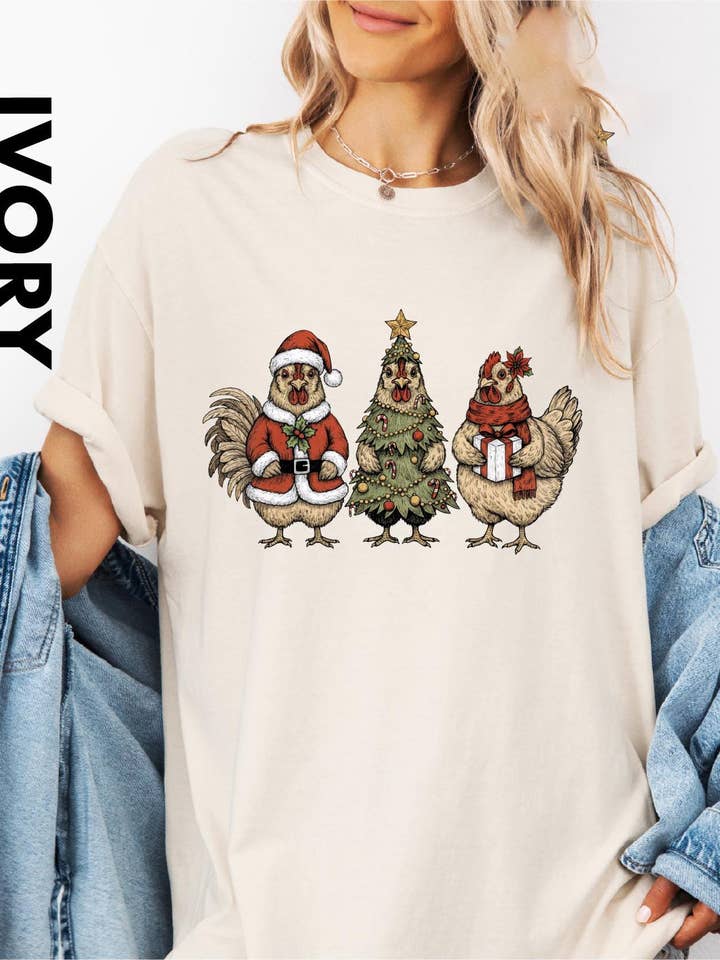 Glaime - Wholesale T-Shirt (Graphic) - Women's - Comfort Colors Christmas Chickens Shirt, Xmas Sweater1