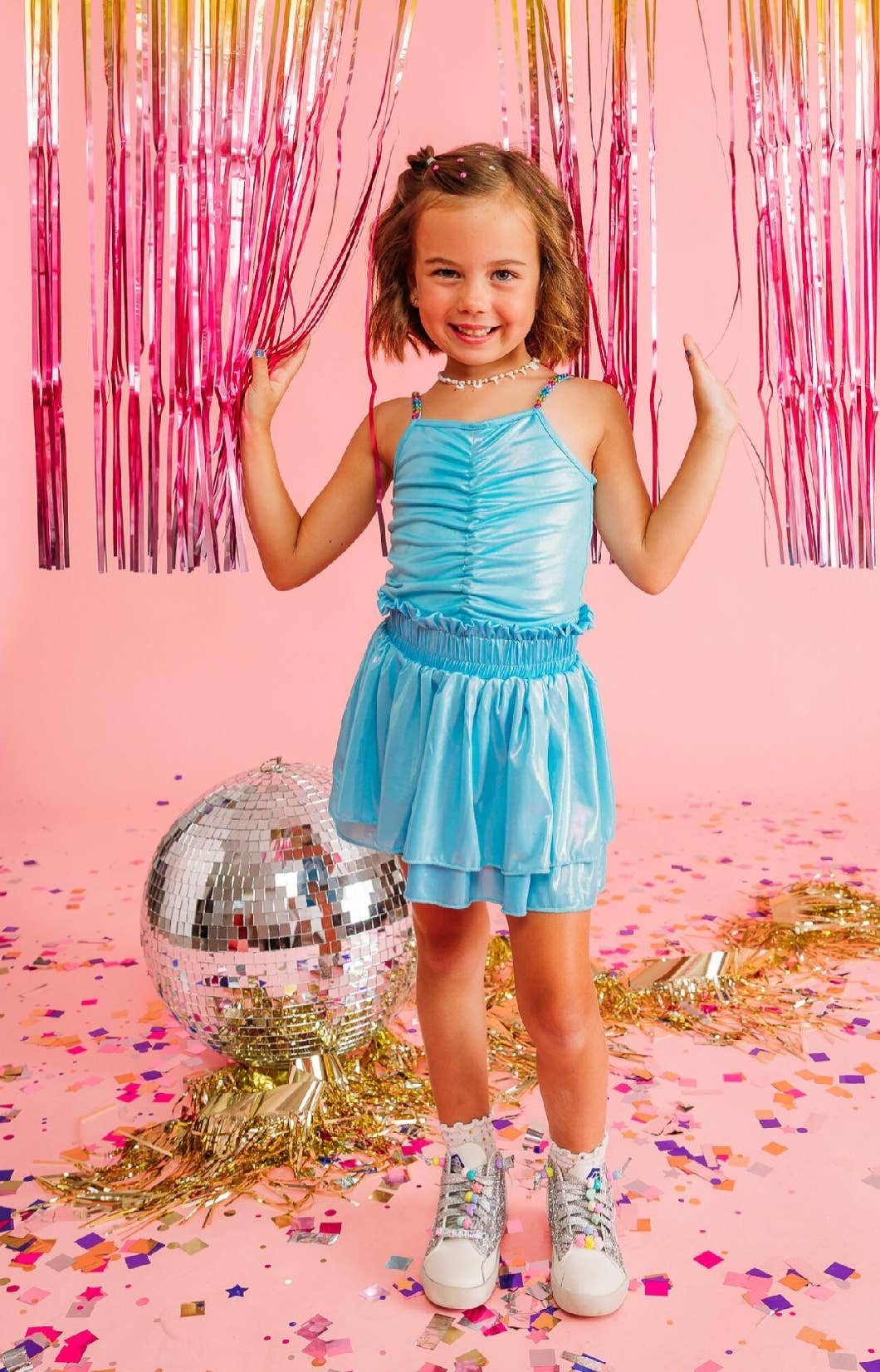 Ellie and Mila - Vente Ensemble haut et jupe – enfant - Ensemble jupe-short bleu métallisé