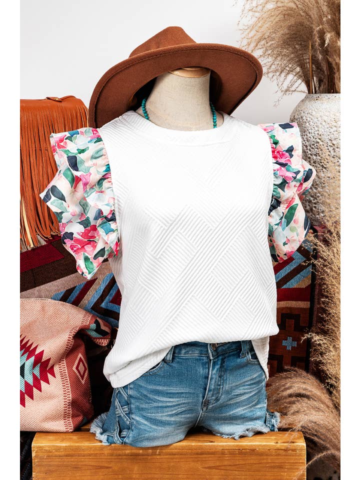 As shown Fashion-W Abstract Tiered Ruffled Sleeve Textured Knit Top for wholesale on Faire