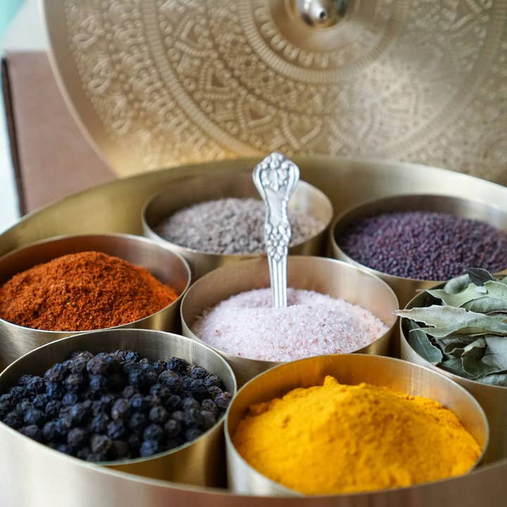 Pure Indian Foods - Wholesale Kitchen Storage/Organizer - Gold Mandala Indian Spice Box + 12-Spice Sampler Gift Set2