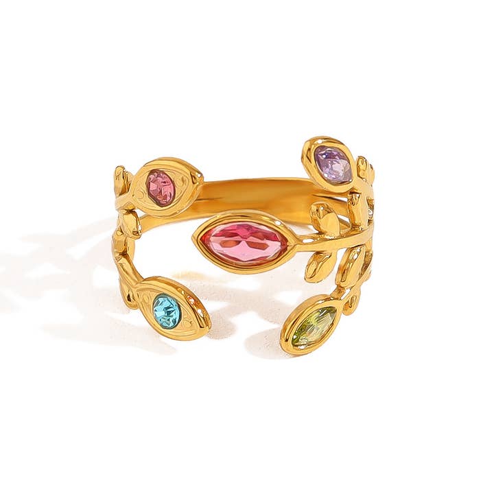 White Leaf - Wholesale Multi-Stone Ring - Leaf Wrap Ring in Multi & Gold