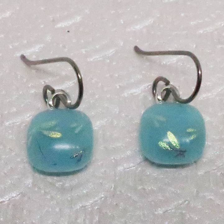 Tiny Aqua Dragonfly Dichroic Glass Titanium Dangle earrings for wholesale by McCray Studios