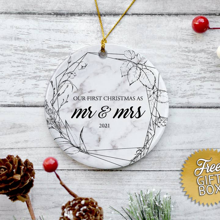 First Christmas as Mr & Mrs - Black Geo Floral Ornament for wholesale by SheMugs