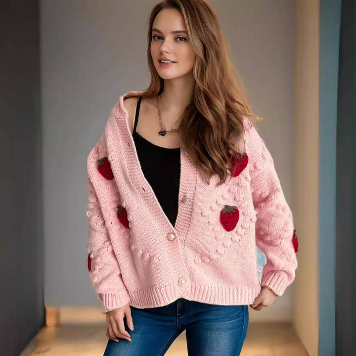 Autumn Winter Crocheted Embroidery Three Dimensional Strawberry Twist Pearl Buckle Knitted Sweater Cardigan Coat for wholesale by Svelte Seduction
