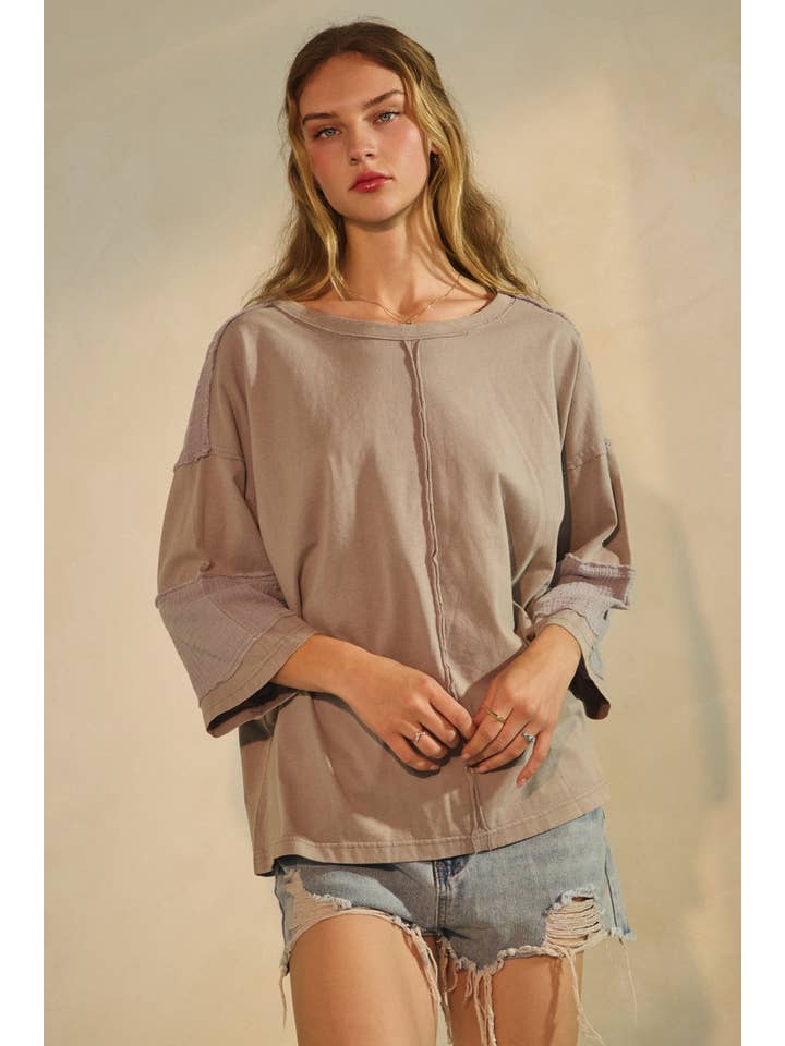 Oddi - Wholesale Blouse - Women's - Plus Acid Washed Mixed Fabric Pullover Top