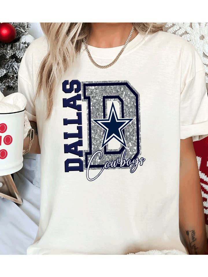 A Blessed Texas Mess Boutique - Wholesale T-Shirt (Graphic) - Women's - Cowboys Football Spirit Wear Faux Glitter America Team1