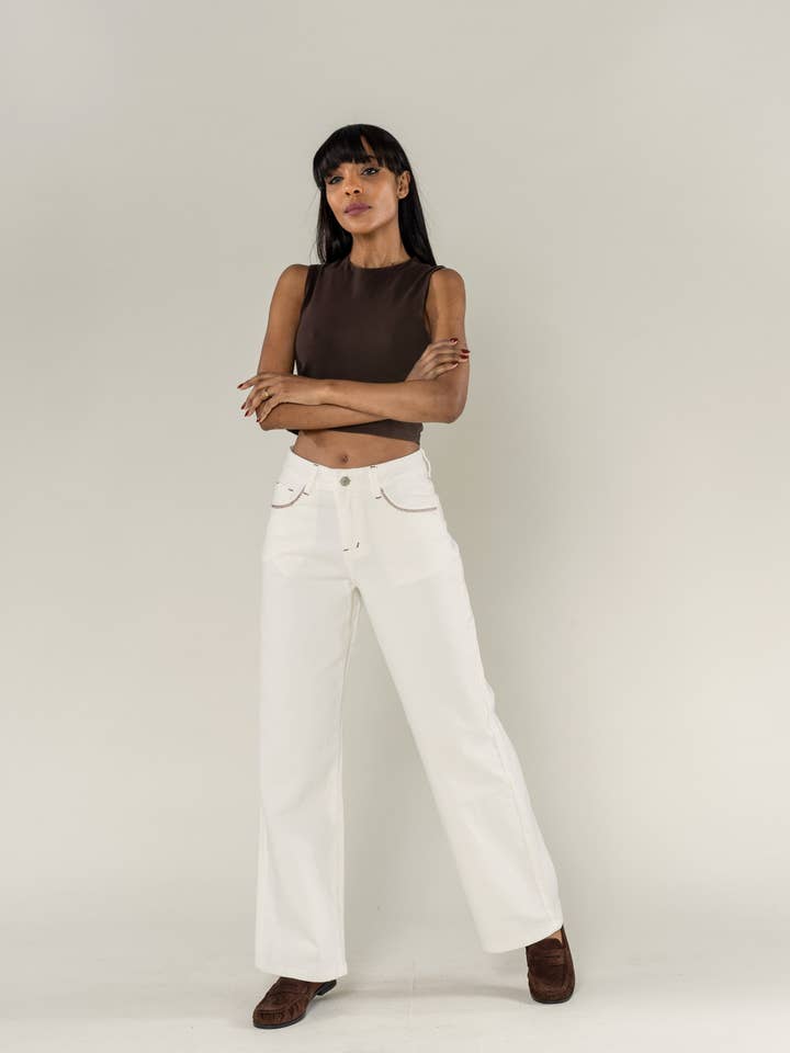 Nina Carter wide flare stretch pants with topstitching S571 for wholesale by Nina Carter