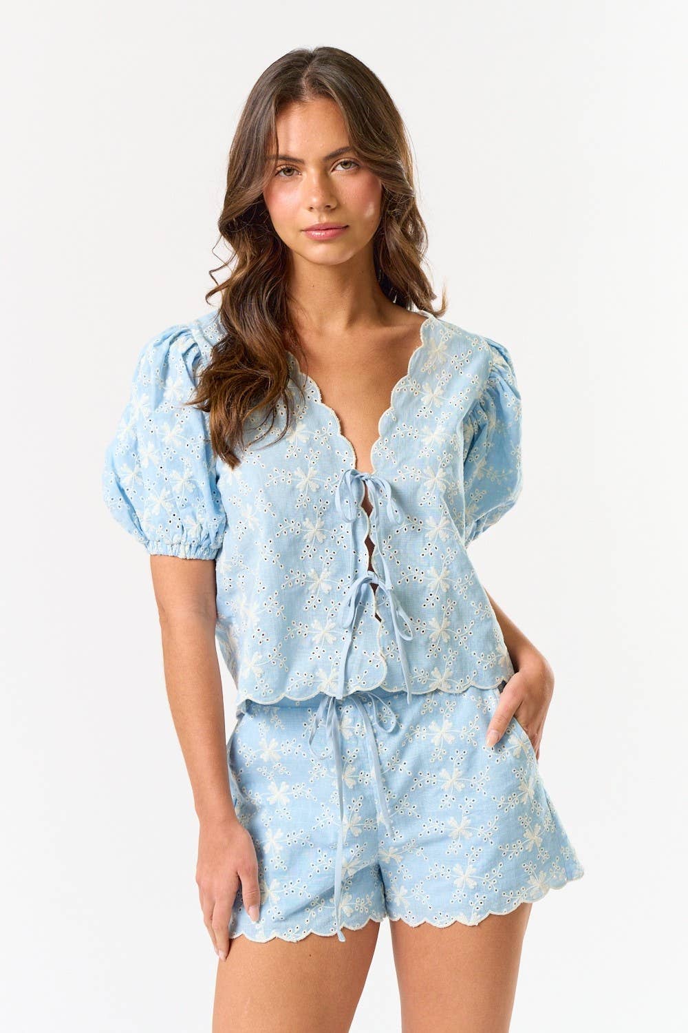 Blue Blush - Wholesale Top & Short Set (NOT Loungewear) - Women's - IBS32189 Linen Eyelet Tie Front Top with Matching Shorts0