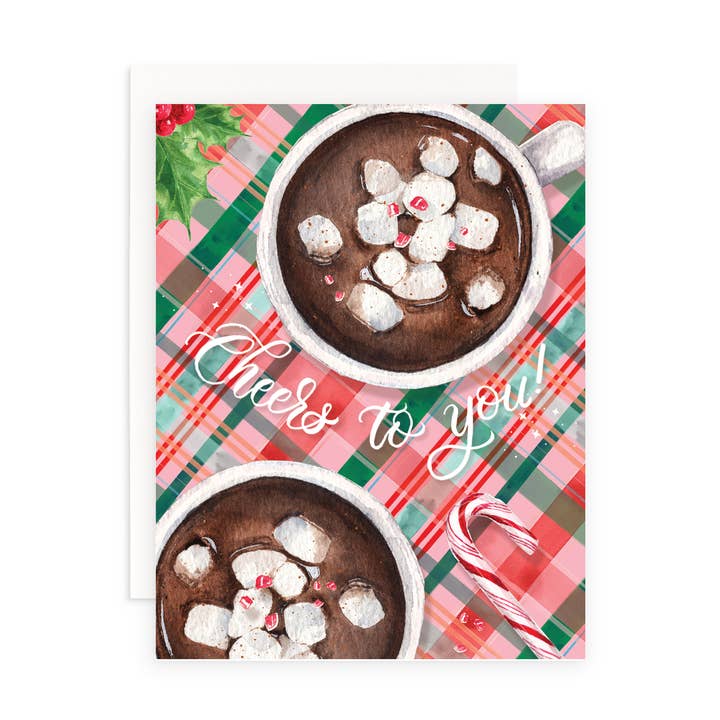 Cheers to You Hot Cocoa Christmas Greeting Card for wholesale by Cami Monet