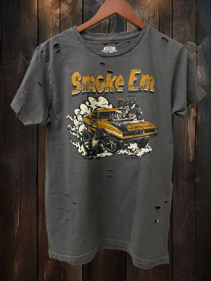 Smoke Em Muscle car distressed faded black T-shirt for wholesale by Country Deep Apparel