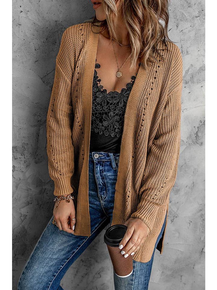 Apricot Hollowed Knit Side Slit Cardigan for wholesale on Faire