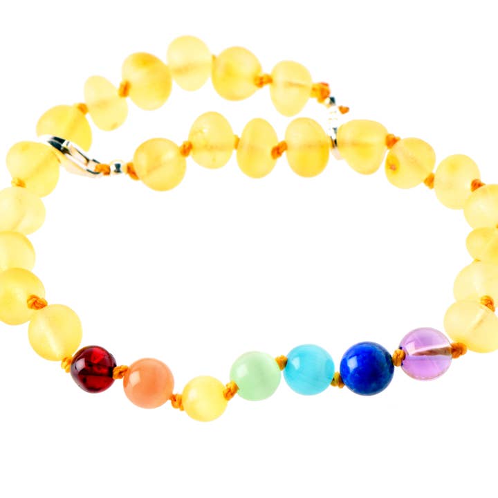 The Natural Amber - Vente Bracelets de cheville - Bracelet de cheville baroque citron en ambre brut et perles de chakra pour adulte avec fermoir en argent sterling 925