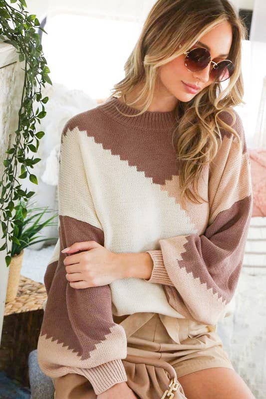 Vine & Love - Wholesale Knit Sweater - Women's - Color Block Round Neck Chunky Knitted Sweater Top VT8101713