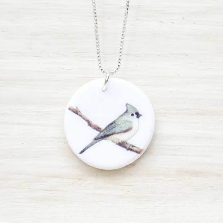 Tuftade Titmouse Halsband, handgjord fågel hänge för wholesale av Storytime Art Studio