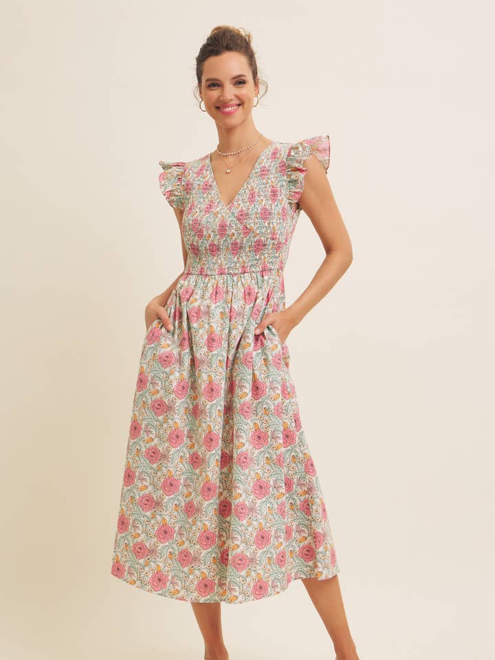 A-LINE FLORAL SMOCKED MIDI DRESS WITH RUFFLED SLVS for wholesale by in february