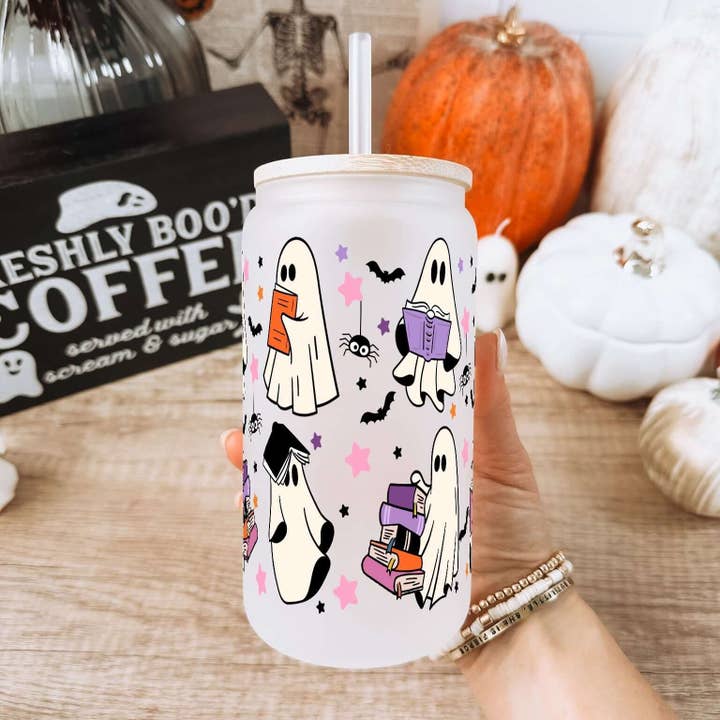 Sip-Sip Hooray! - Wholesale Drinking glass/cup - Ghosts and Books Glass Can With Lid and Straw3